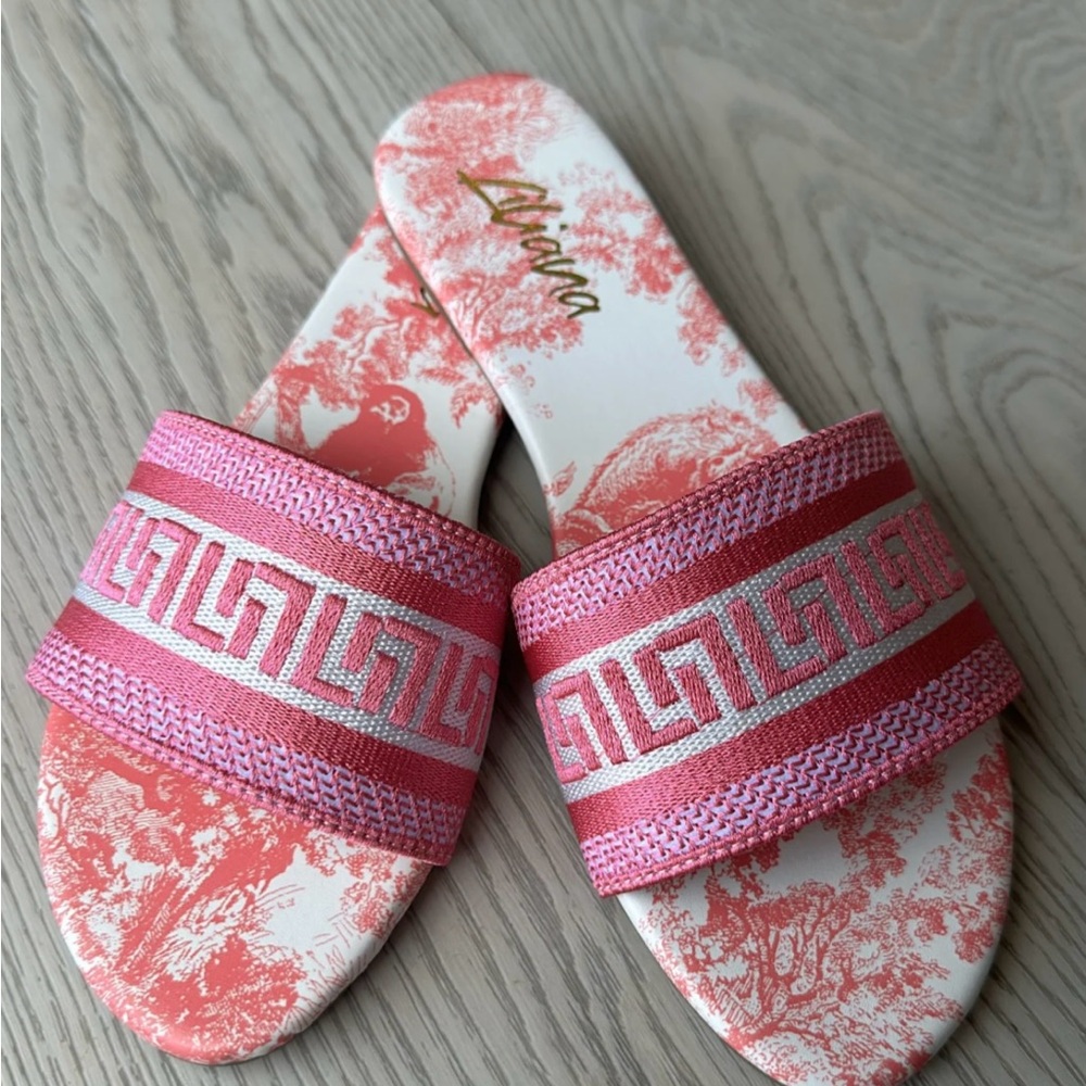 Liliana Pink and Red Sandals with Intricate Design